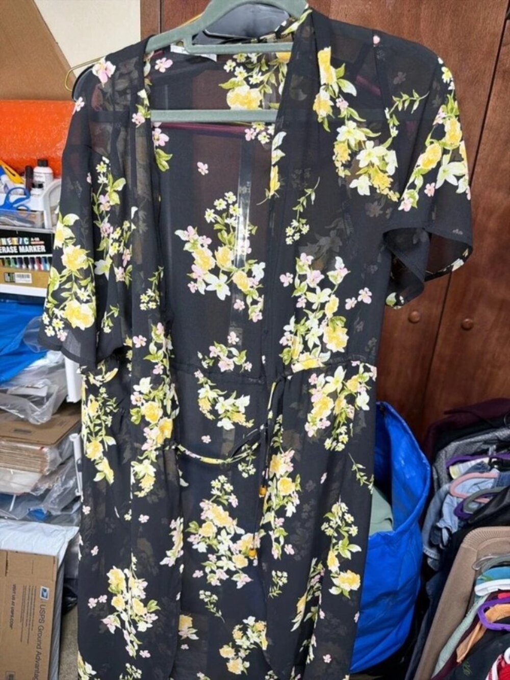 3rd + Mall Black Floral Kimono Beach Swimsuit Cover Up Womens Large US 12-14 - Picture 3 of 5